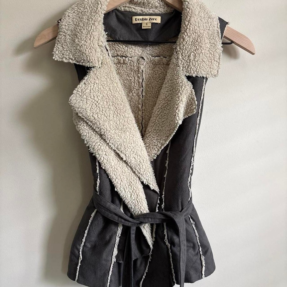 Double Zero Charcoal Gray Faux Suede Shearling Lined Belted Vest Small